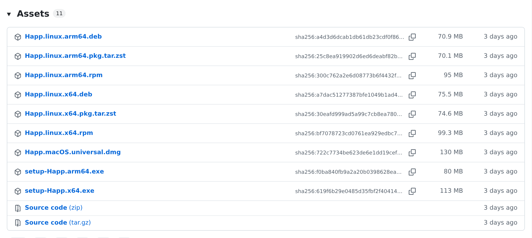 Раздел Assets релиза Happ: файл setup-Happ.x64.exe для Windows размером 113 МБ